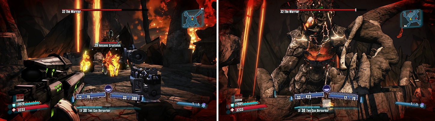 A Volcanic Crystalisk (left) will always spawn whenever The Warrior dives into the lava. Destroy the plates on its chest (right) to reveal a critical hit spot.