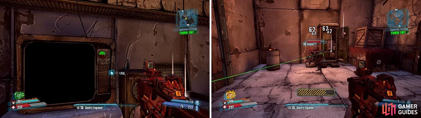 Hitting the switches in the correct order (left) will make Flinter spawn (right).