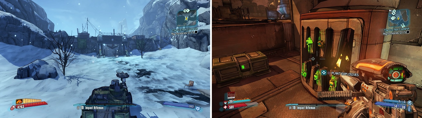 The entrance to the bandit camp (left). Plant the dynamite directly on each furnace (right).