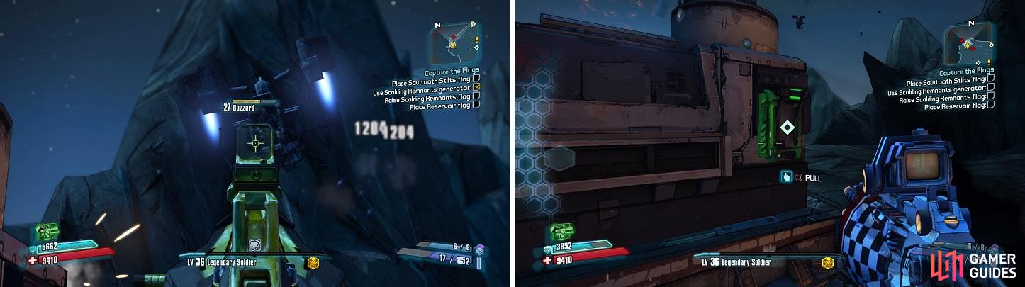 You'll have to defend each generator from numerous enemies (left). If they destroy it, you just have to pull the switch again (right).