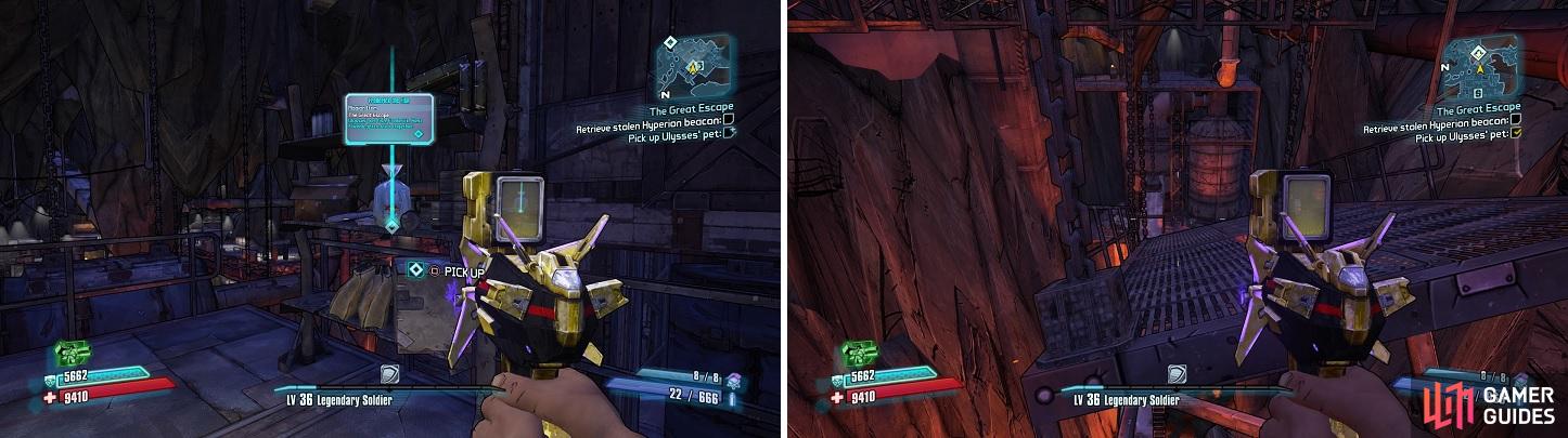 Ulysses' pet (left) can be found on a shelf. The supply beacon is found in a lower area in the underground section (right).