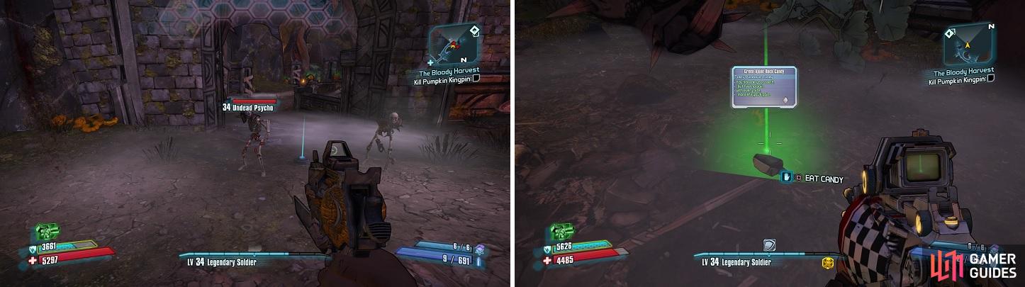 The enemies are familiar, but with just a different look (left). Candies will provide a temporary buff when picked up (right).
