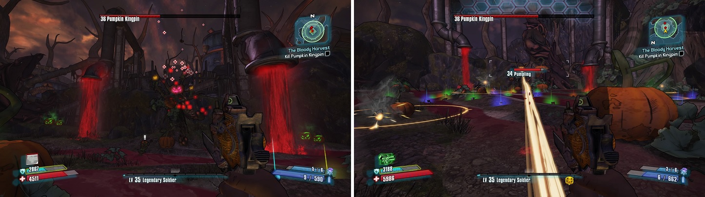 Shoot the Pumplings off Kingpin's shoulders to negate his health regenerating (left). His laser attack can do a lot of damage (right).