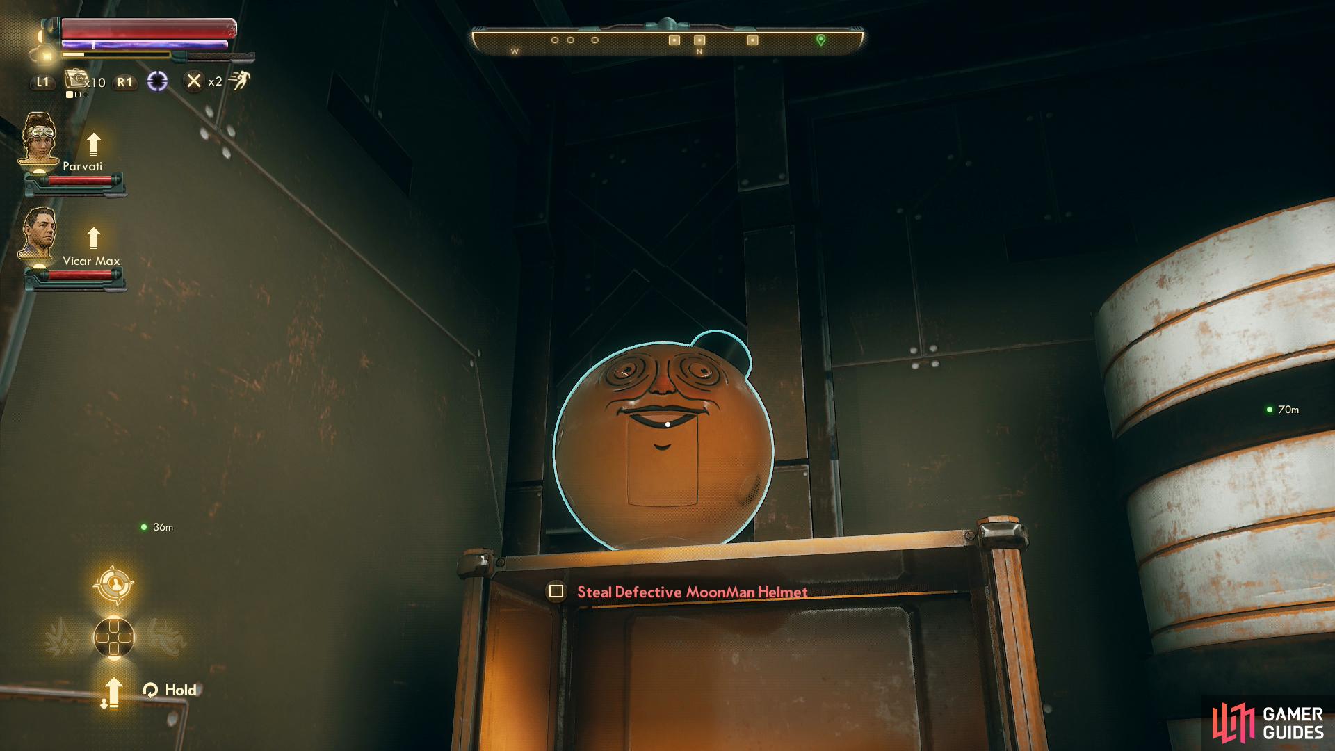 Break into the back room and steal a Defective Moonman Helmet.