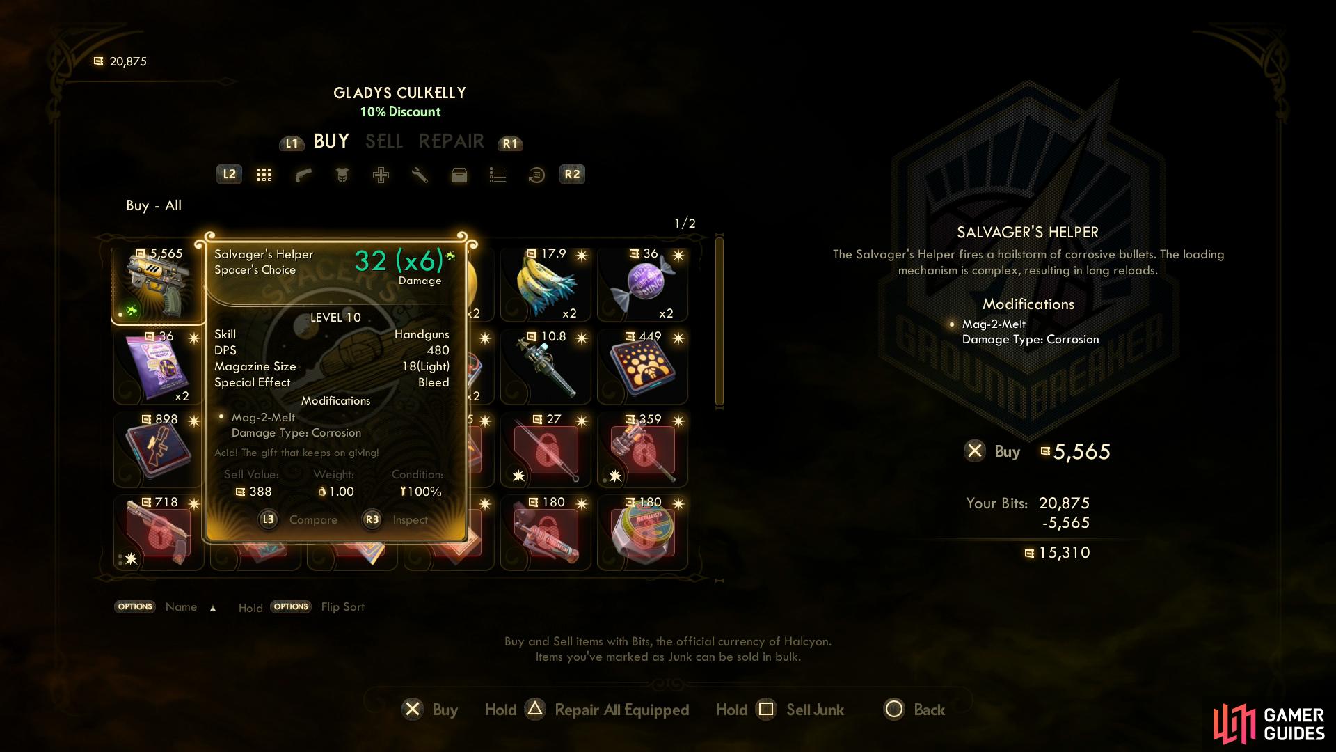 You can buy the unique Salvager's Helper gun from her.