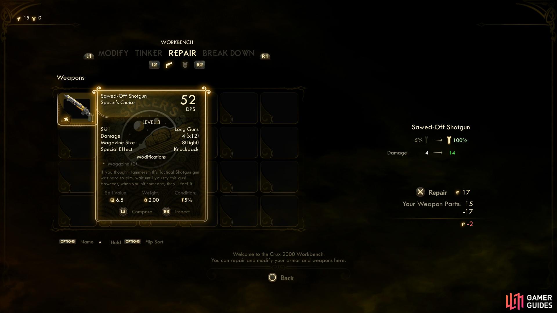 To get some practice (and secure a useful weapon) repair a Sawed-Off Shotgun you'll find nearby.