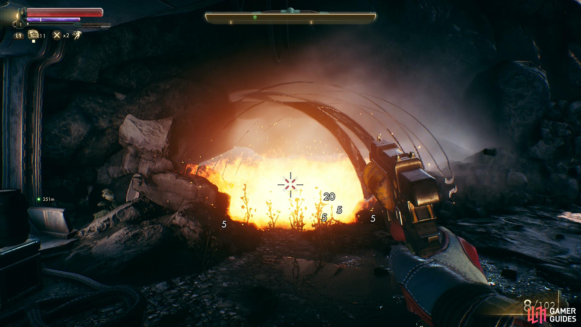 Use your newfound pistol to detonate some barrels.