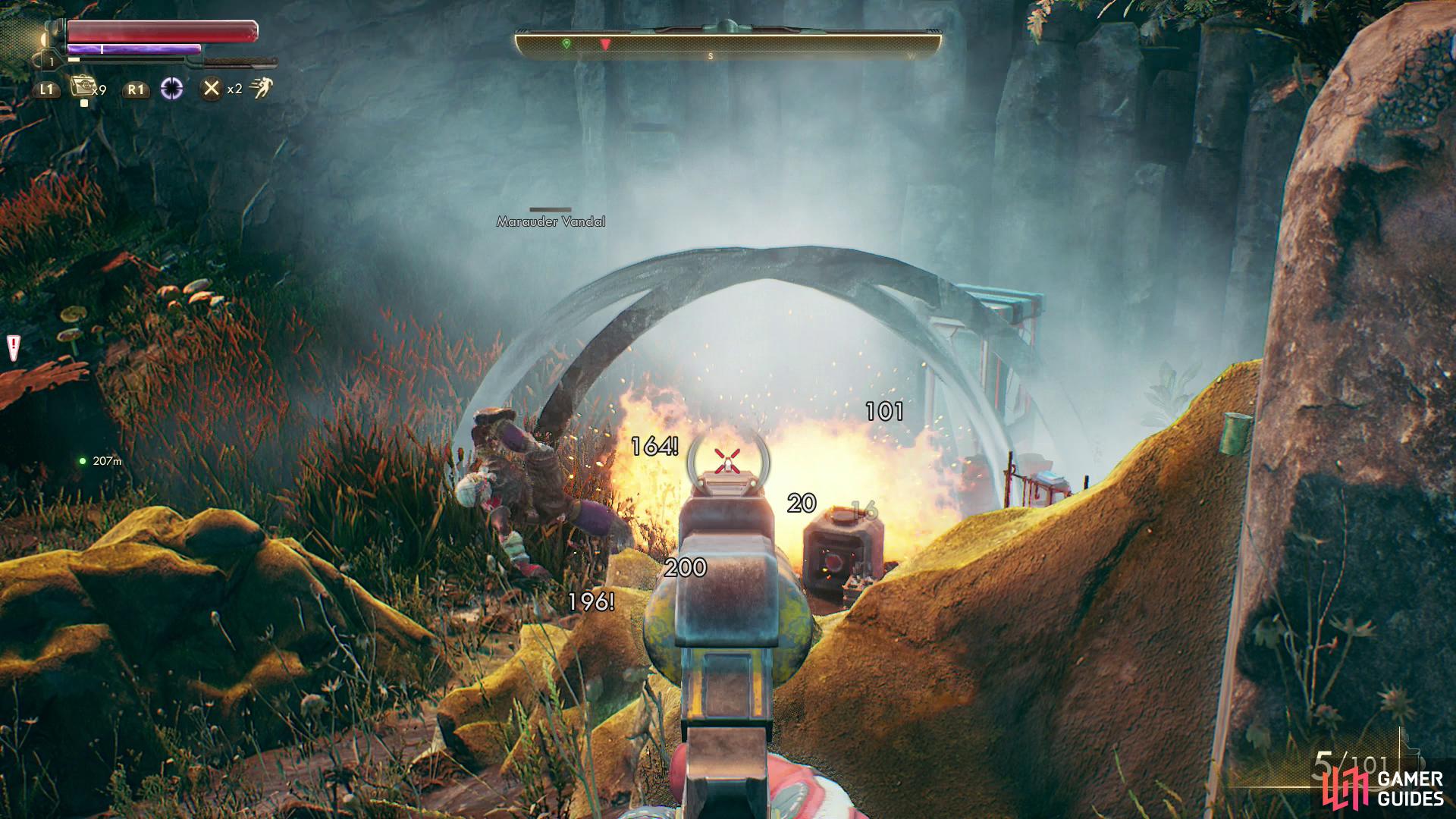 Take out a marauder by shooting some more explosive barrels