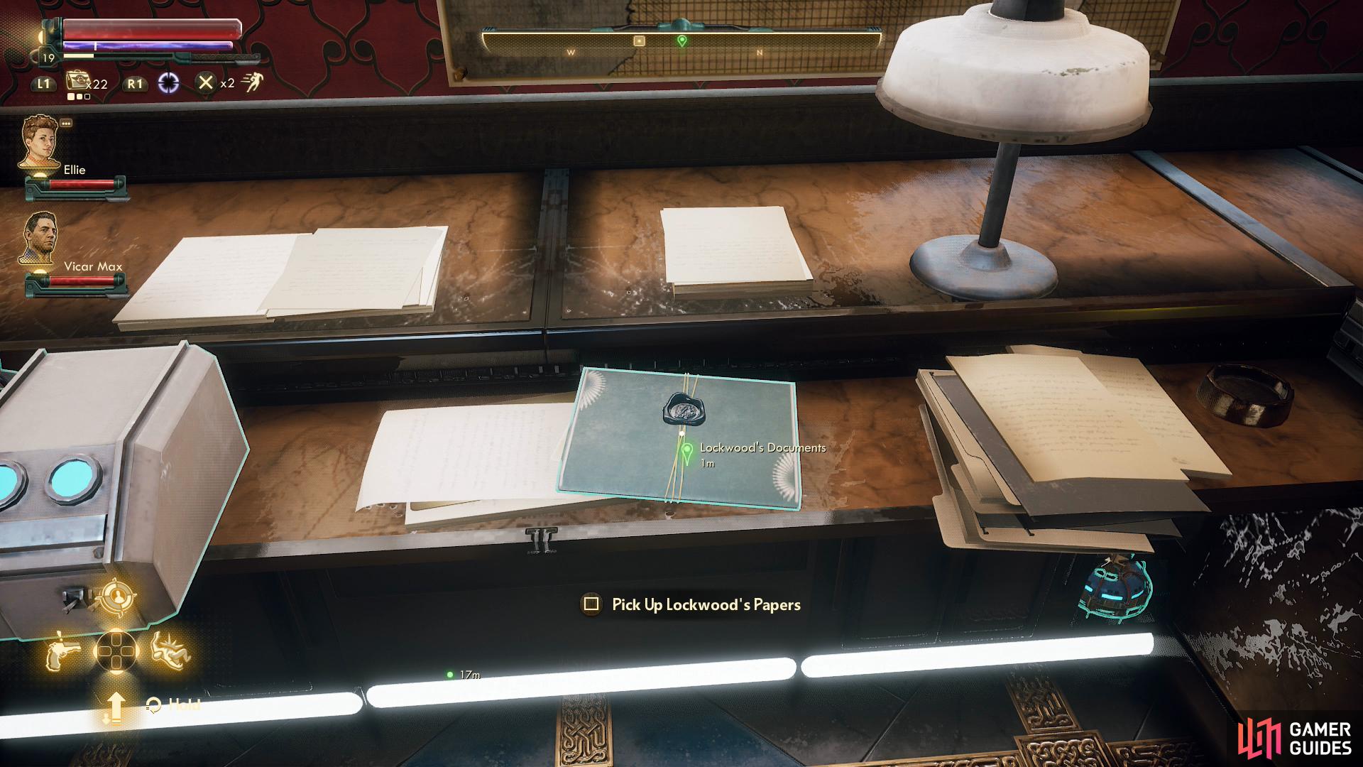Search Lockwood's desk for some papers.