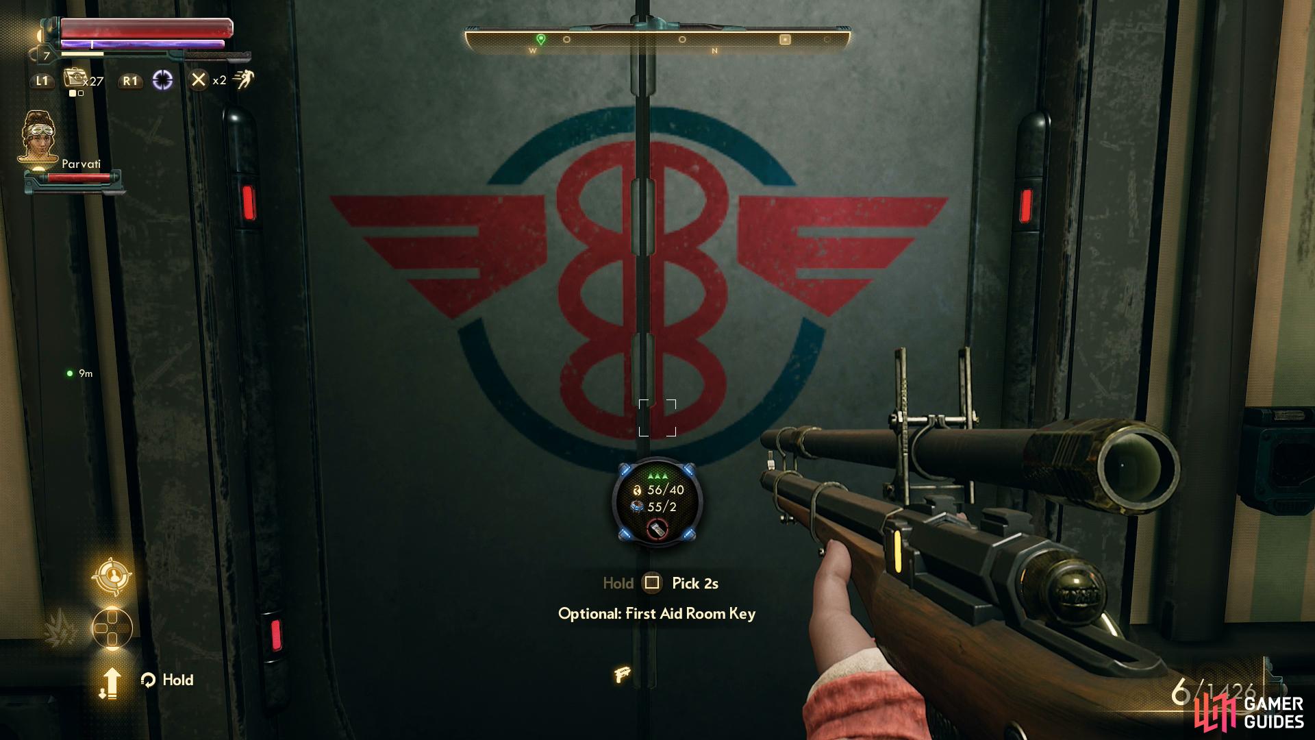 Pick the locked door to the first aid room, or use the key you could have found.