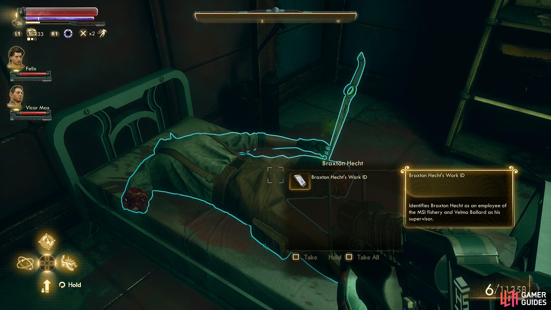 Search the bedroom upstairs to find Braxton's dismembered corpse.