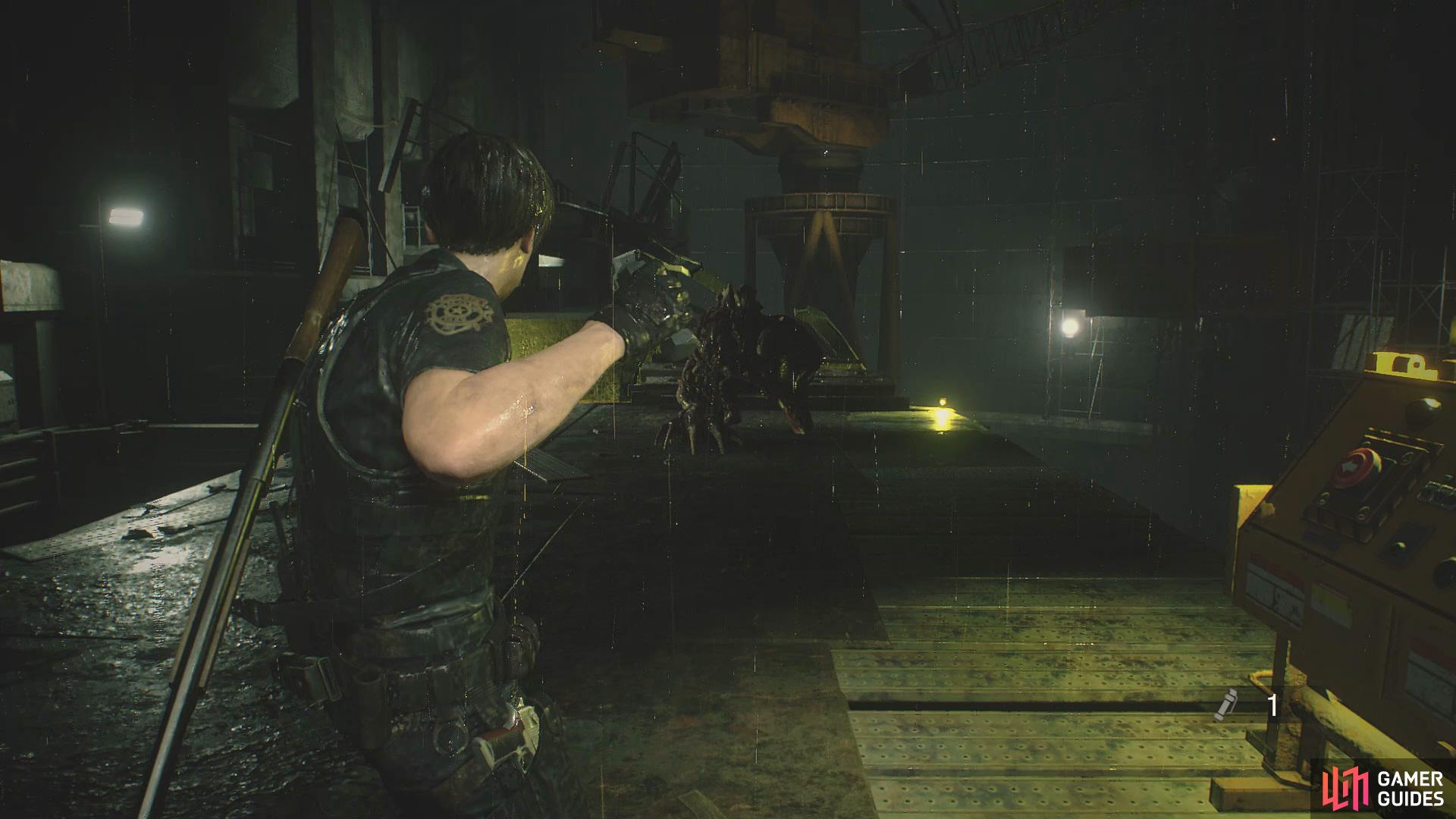 once he has fallen three or four times, use a Stun Grenade to keep him in place whilst you activate the crane to push him off.
