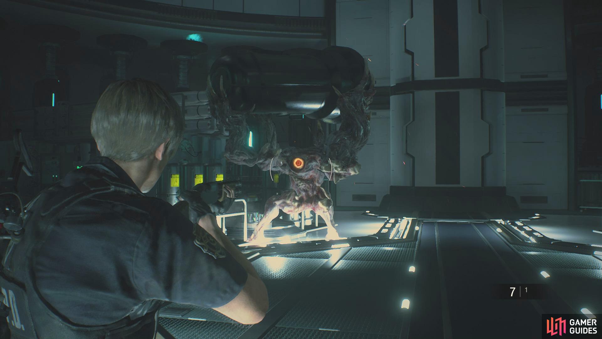 Shoot the eye on the back of the G when he goes to pick up and object, 