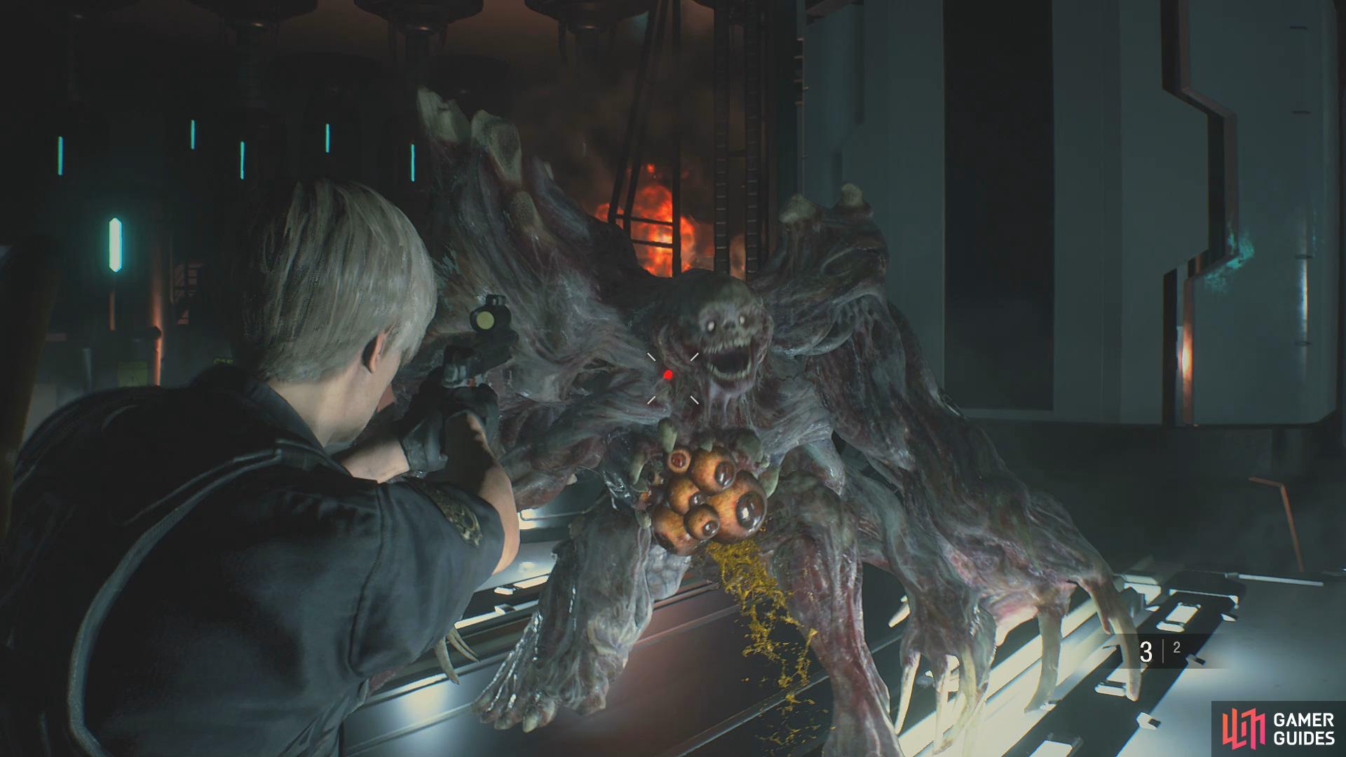 once he's stunned for a short while, shoot the cluster of eyes on his chest to weaken him. 