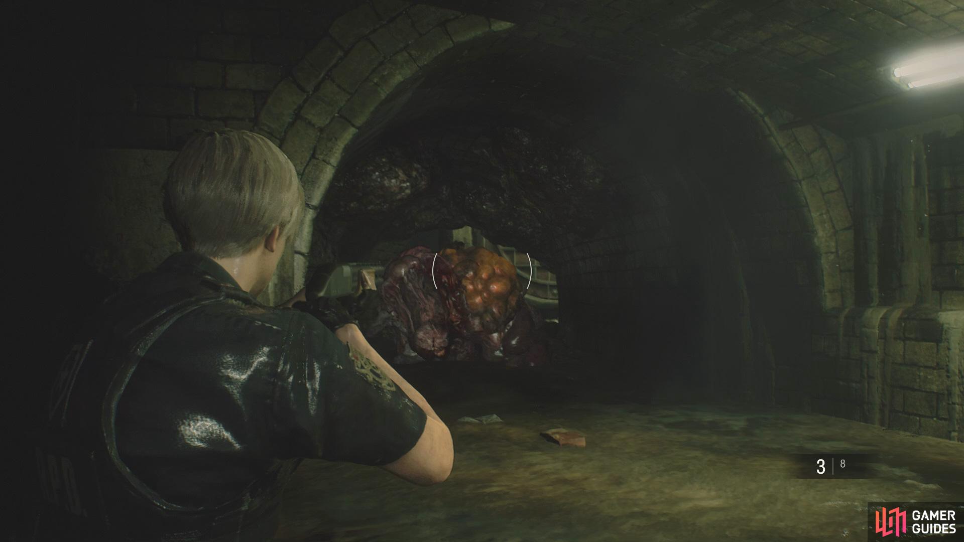 Shoot at the enemy's different colored shoulder to expose its eye  
