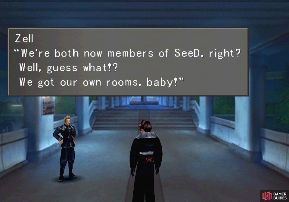 One last nuisance awaits Squall on his way to his dorm, but at least Zell bears welcome news
