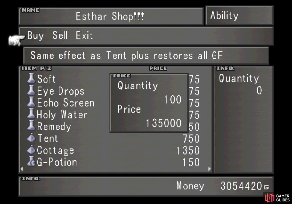 With Tonberry’s abilities you can buy Tents and Cottages in bulk
