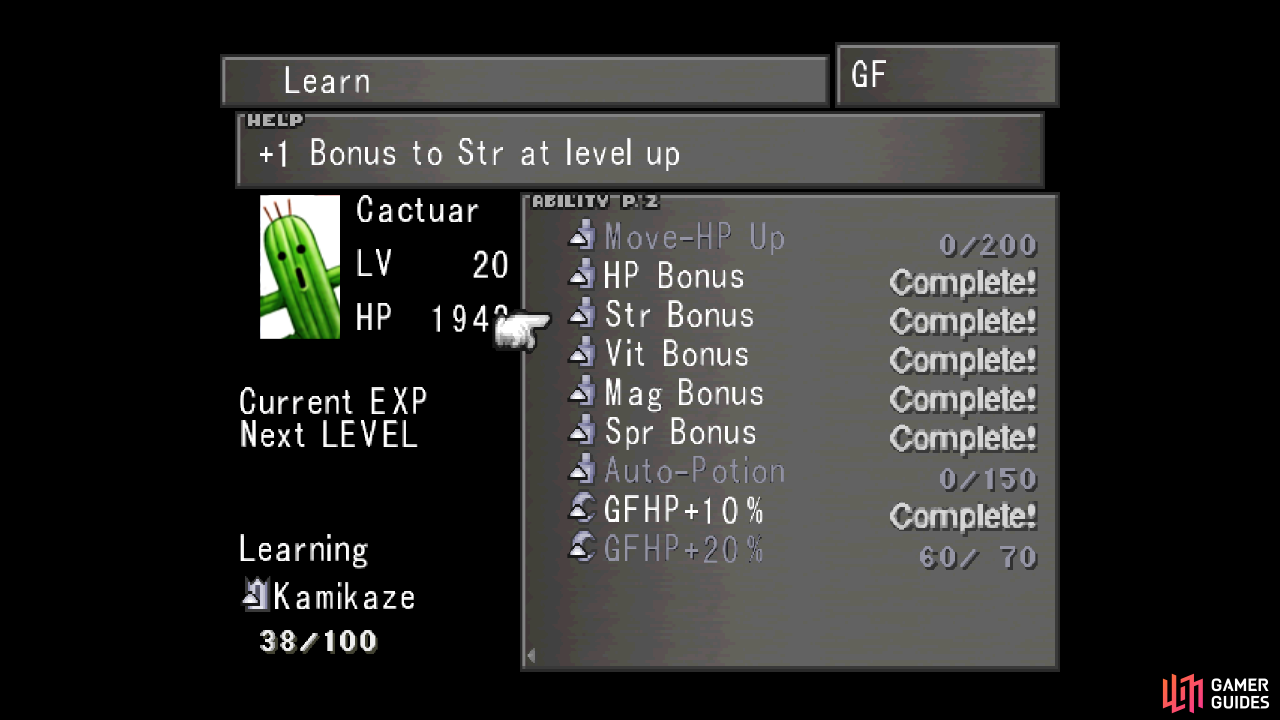 GFs like Cactuar have stat bonus abilities that permanently increase the junctioned character's stats when they level up.