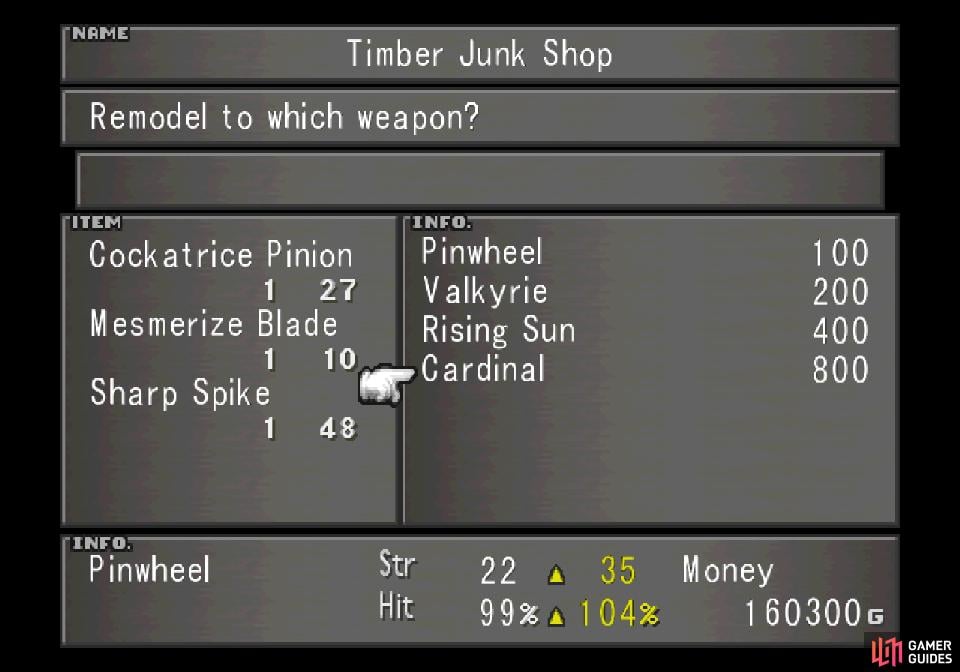 Next to the Timber Hotel you'll find a weapon shop, where you can create new weapons for Rinoa