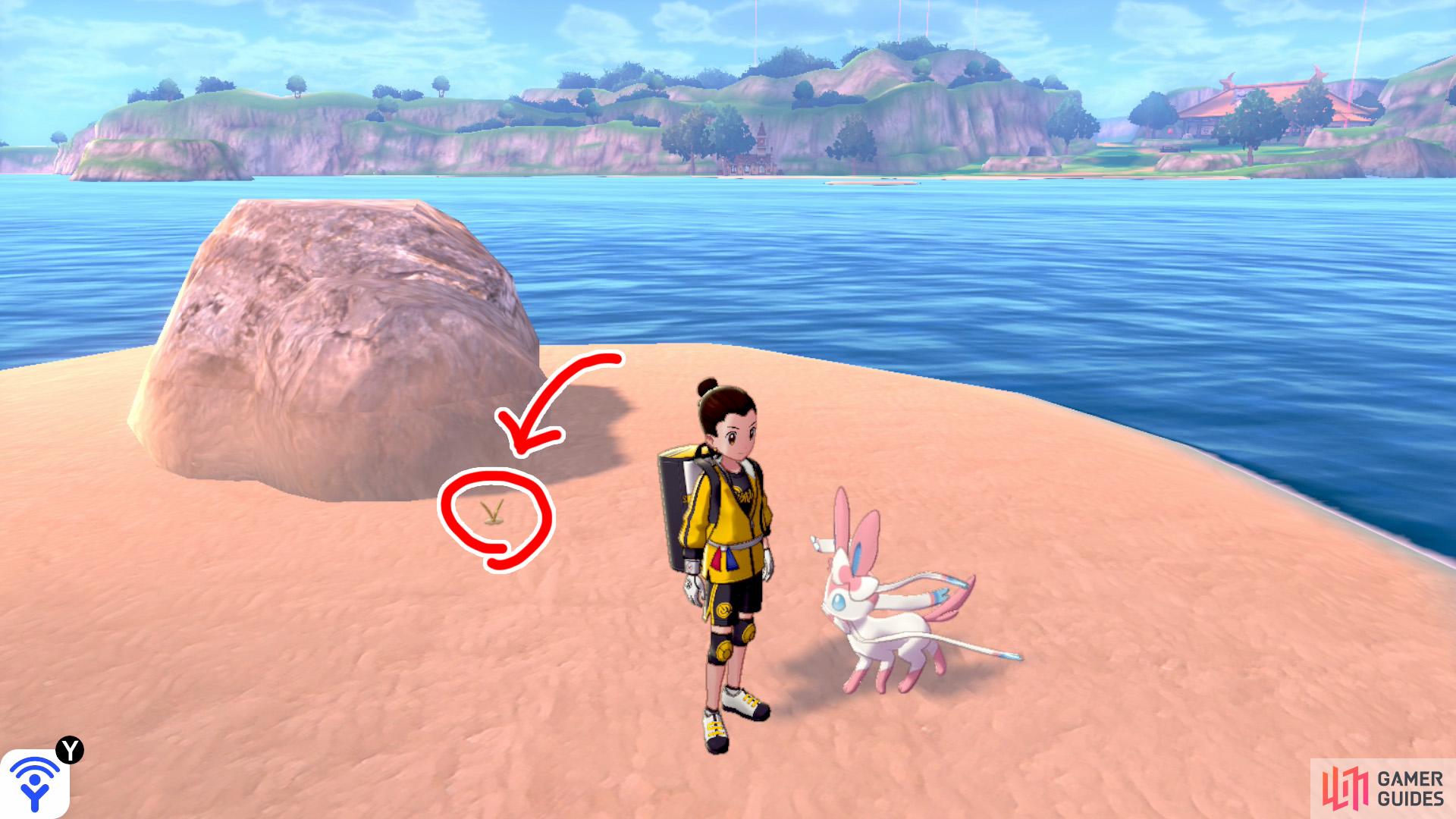 7/11: From Diglett 6, continue swimming straight ahead (with the mainland on your right). After a while, you should reach a Pokémon Den, then another islet with a rock in the centre. Guess who's in front of the rock?