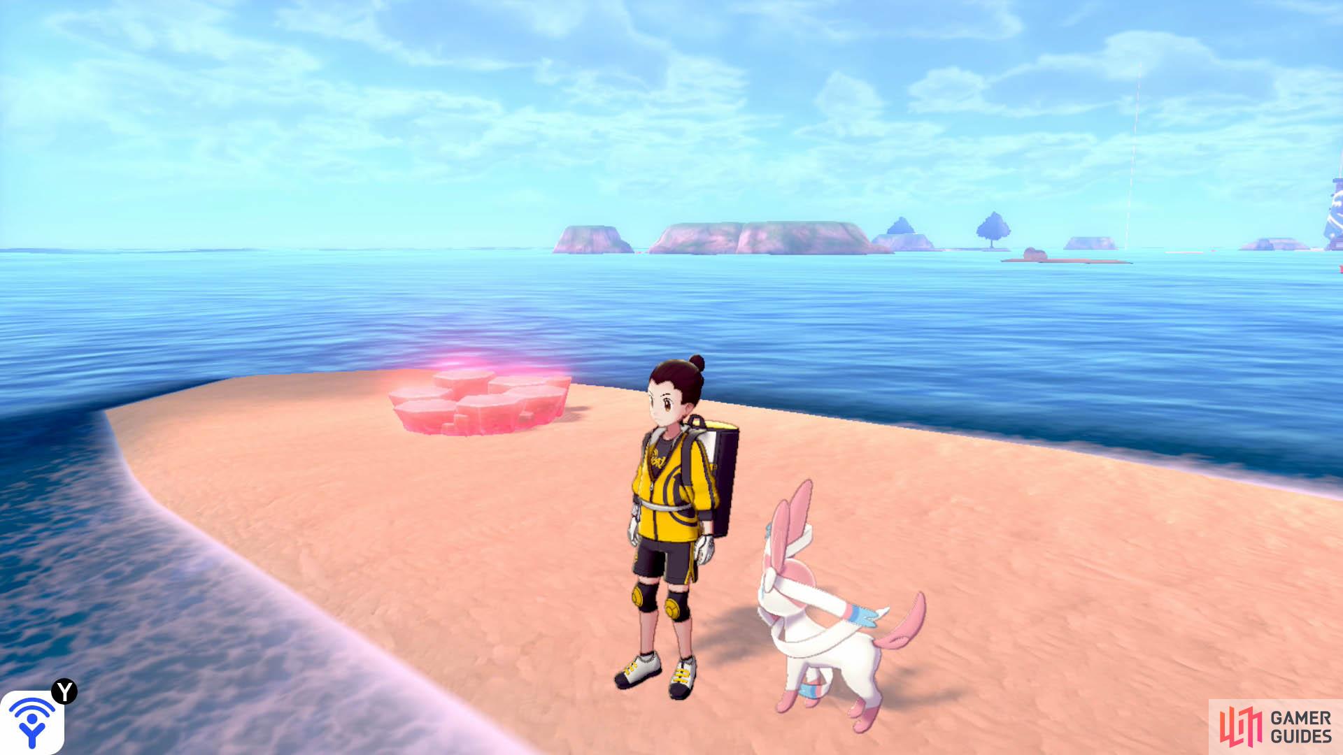 To the right of the string of Pokémon Dens (with your back facing the Tower of Waters), there's a long, sandy island. This den is located towards the tip nearest to the tower.