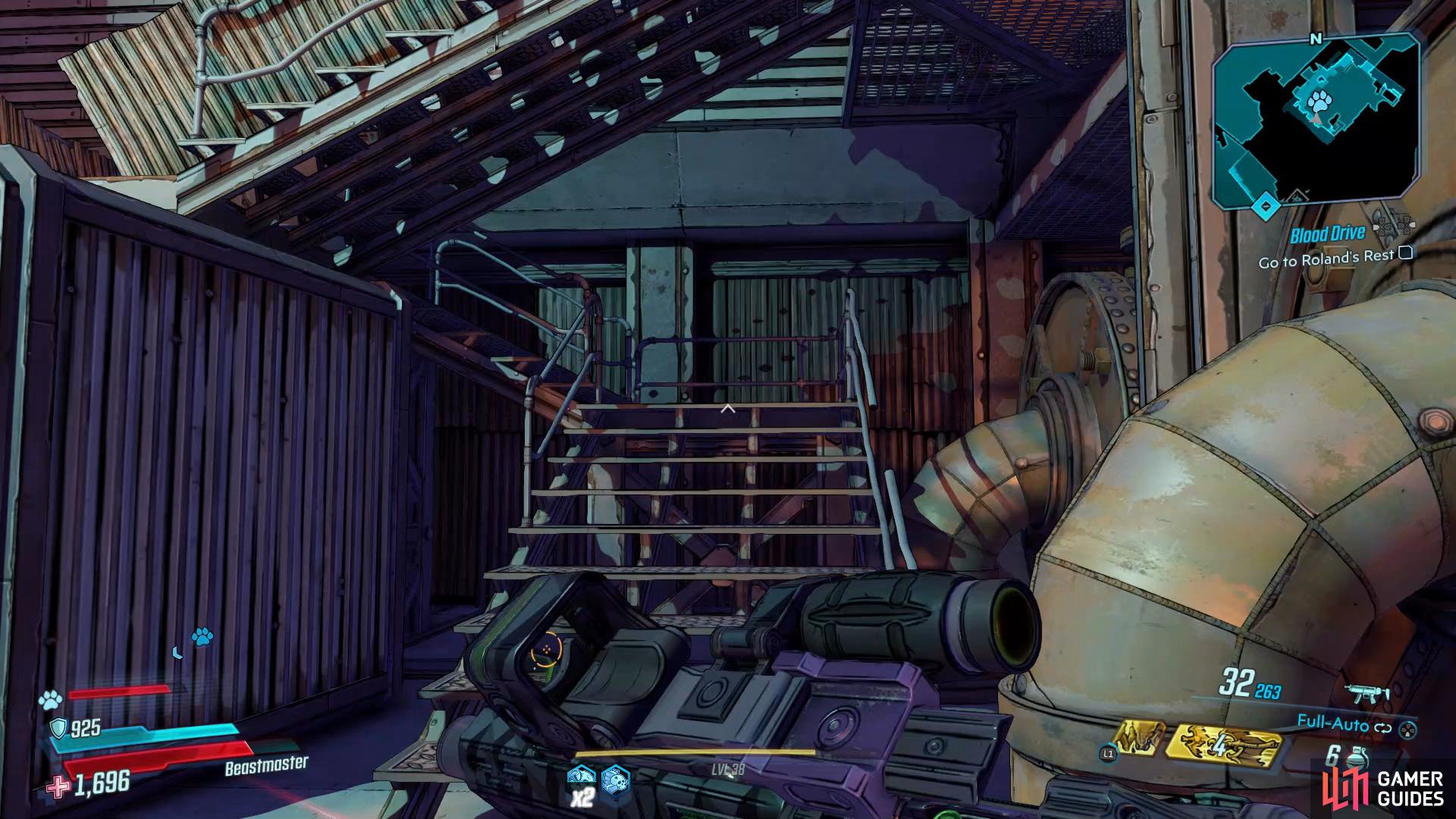 and then head up the stairs and follow the path around until you reach some pipes and climb up,