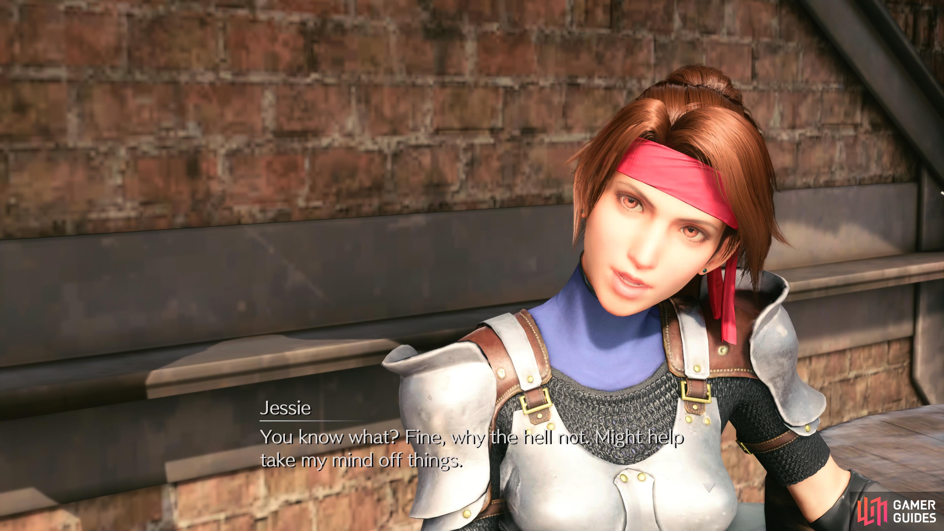 Jessie, a Rank 2 opponent, can be found sitting outside the Seventh Heaven bar