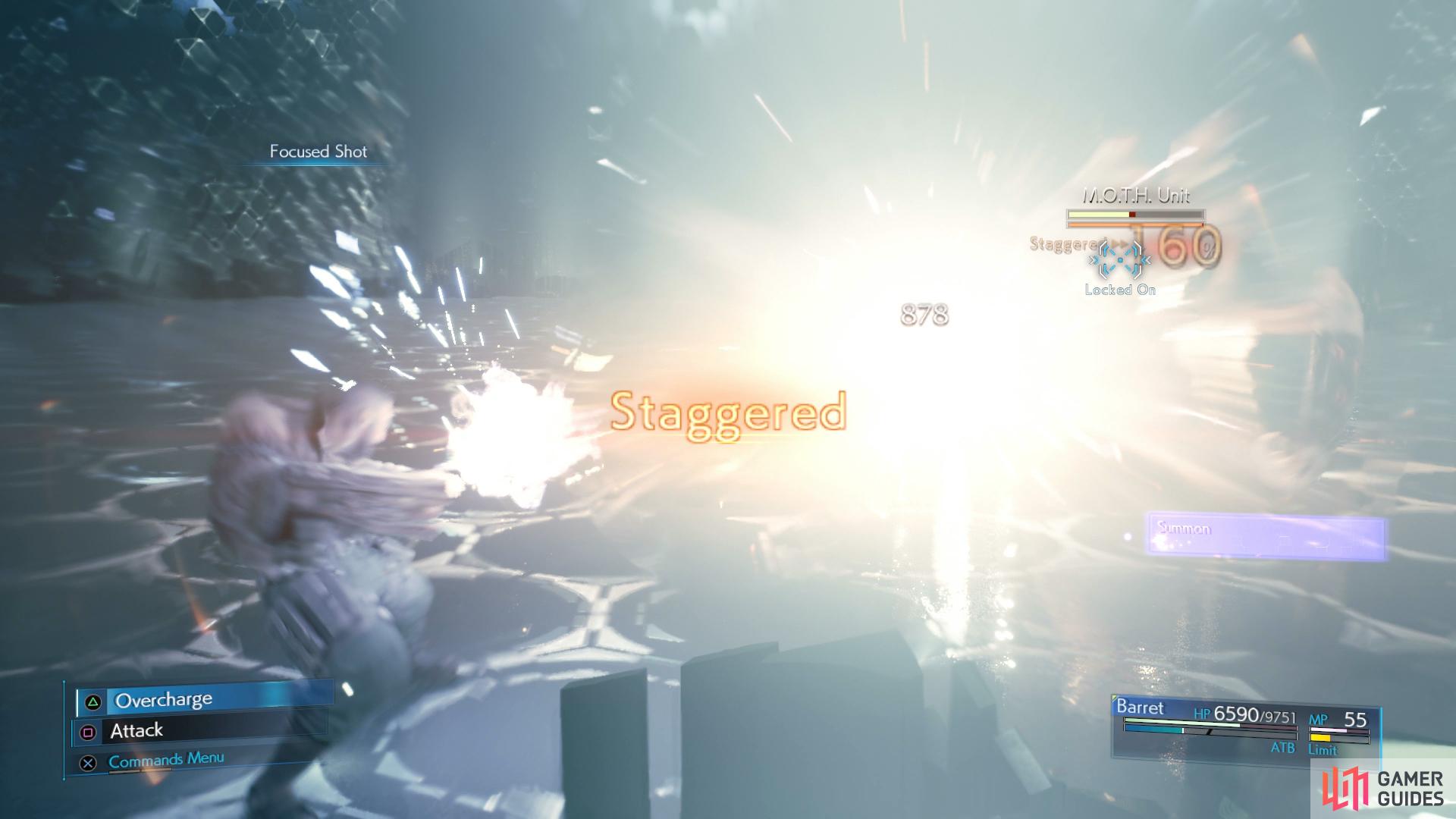 A fully charged Focused Shot will instantly Stagger the M.O.T.H. Unit when it's pressured.