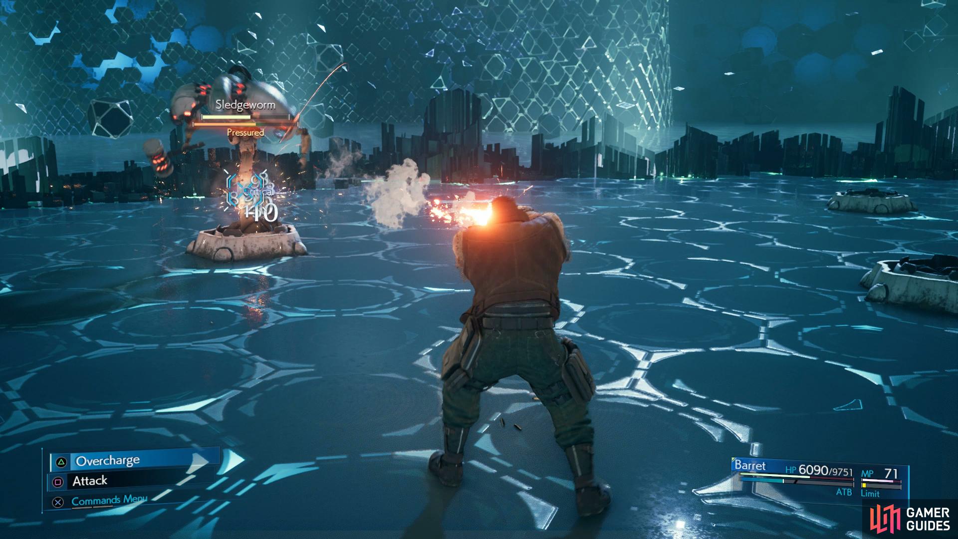 Barret has an easier time against the Sledgeworm due to his ability to attack from range.