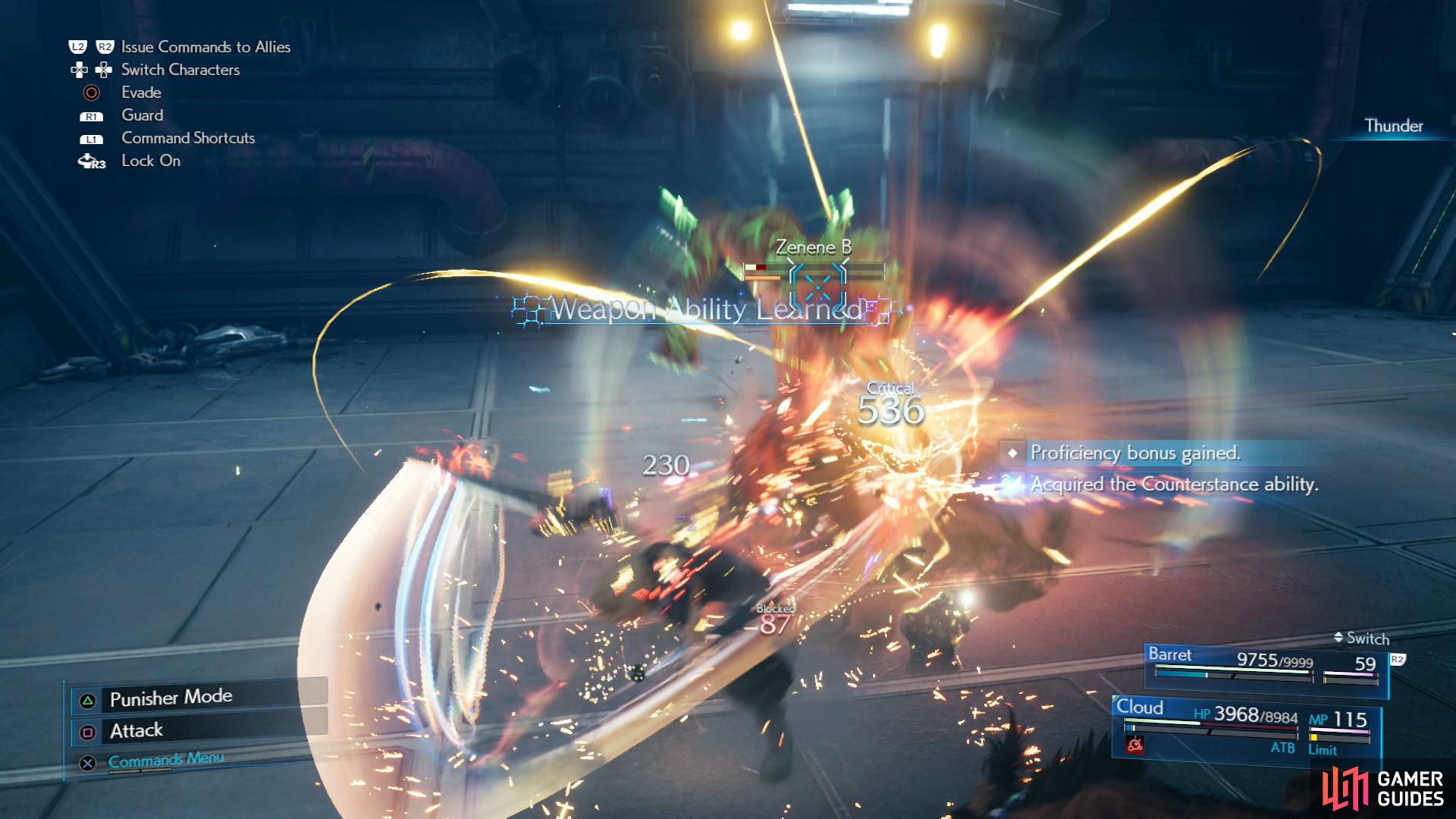 Cloud's Punisher mode counterattacks and Counterstance abilities makes fighting Zenenes much easier.