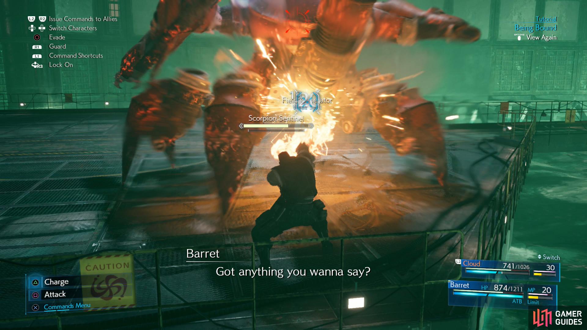 When it uses a barrier to protect itself, focus on attacking the Field Generator on its back.
