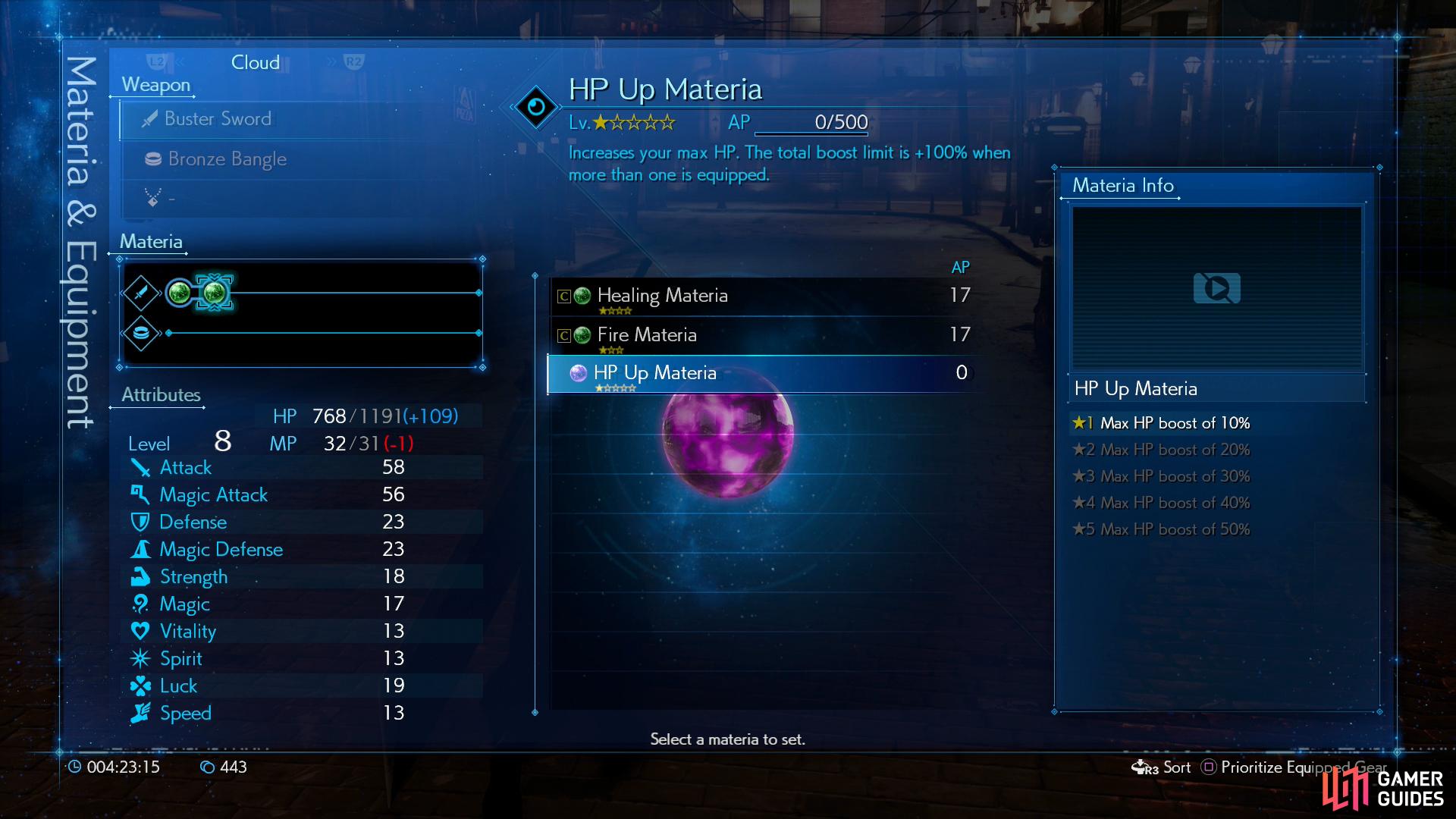 Equip it to boost your HP by +10% - an amount which will increase as you level the materia up.