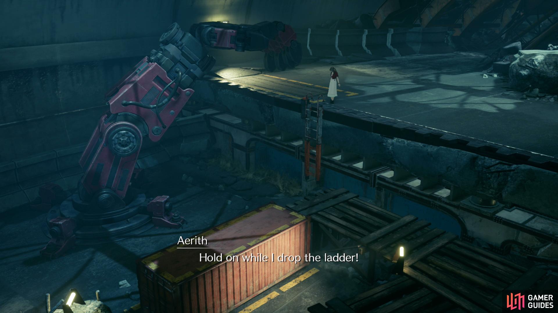 Raise Aerith to the opposite ledge and she'll lower a ladder.