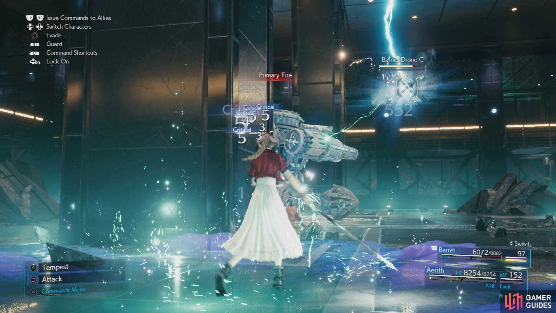 while Aerith should take potshots at the central one, or at a variety of targets, as her MP allows.