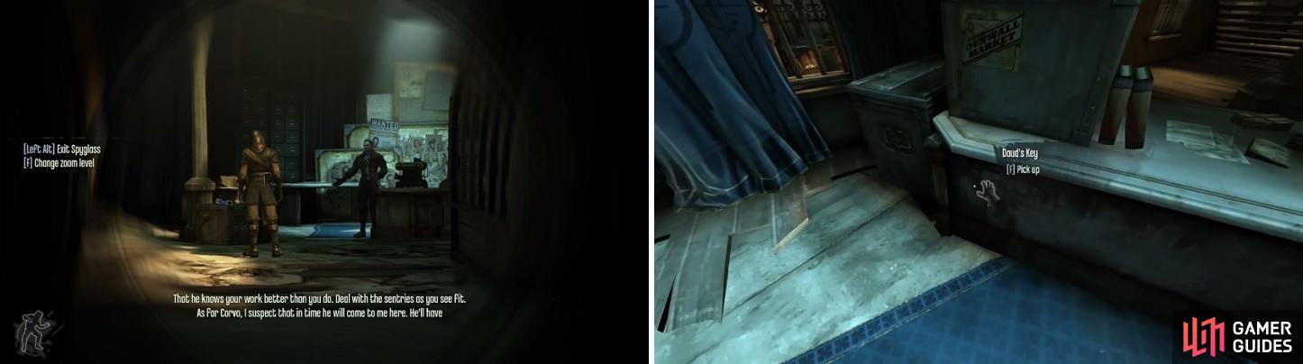 Daud will have an Assassin (left) in the room with him. Make sure you steal Daud's Key after knocking him out (right).