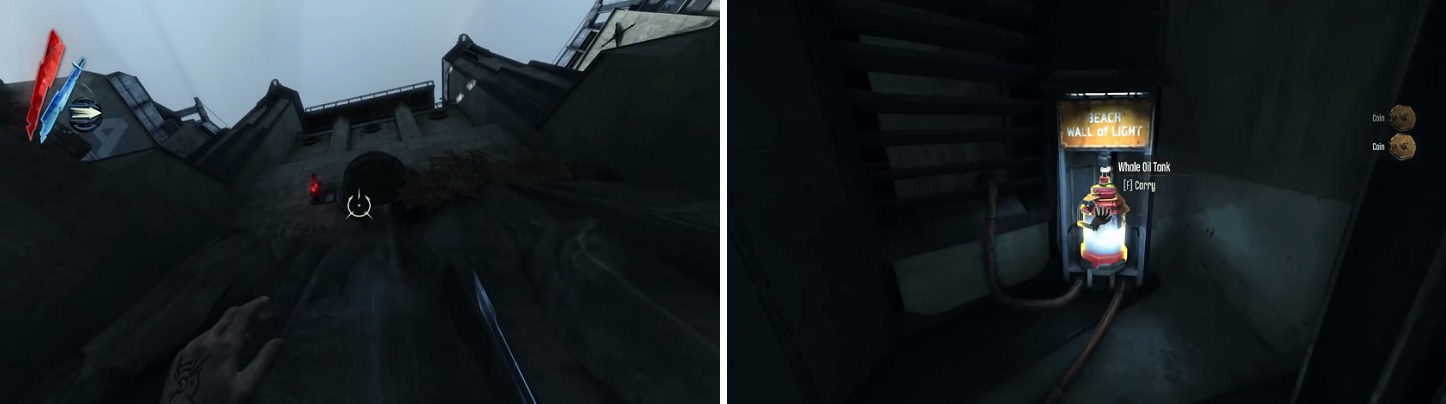 Blink up to this grate (left) to get inside to where you can disable the two Walls of Light by removing their whale oil tanks (right).