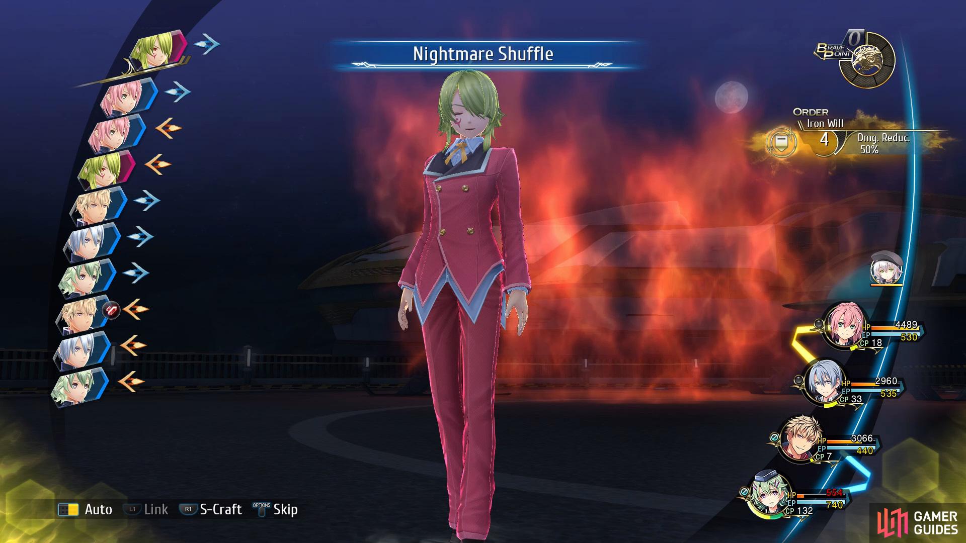 During the battle he'll use Nightmare Shuffle which will change the location of your party