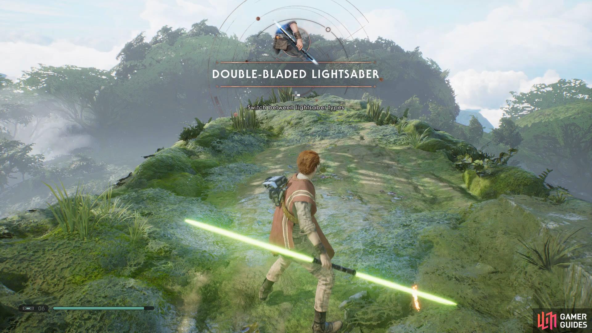 and then collect the Double-Bladed Lightsaber from the workbench ahead once you land.