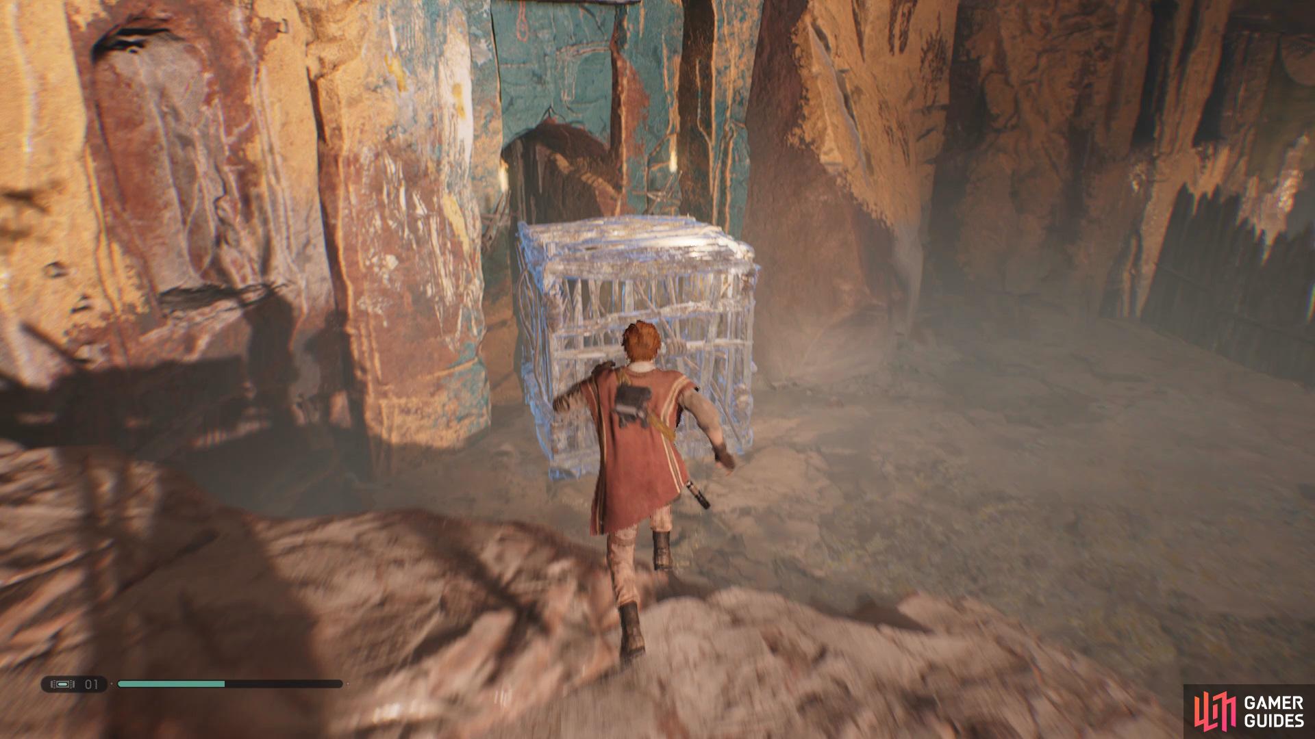 Grab the cage from the left of the room and place it against the wall ahead to allow you to climb up