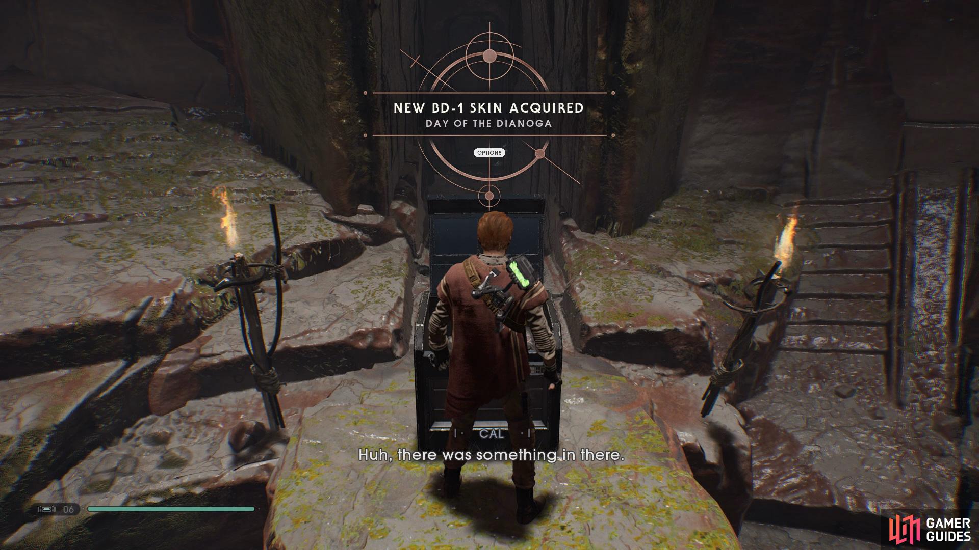 Go back to the area where the boss picked you up and then head into the room ahead to find a Chest that contains a BD-1 Skin