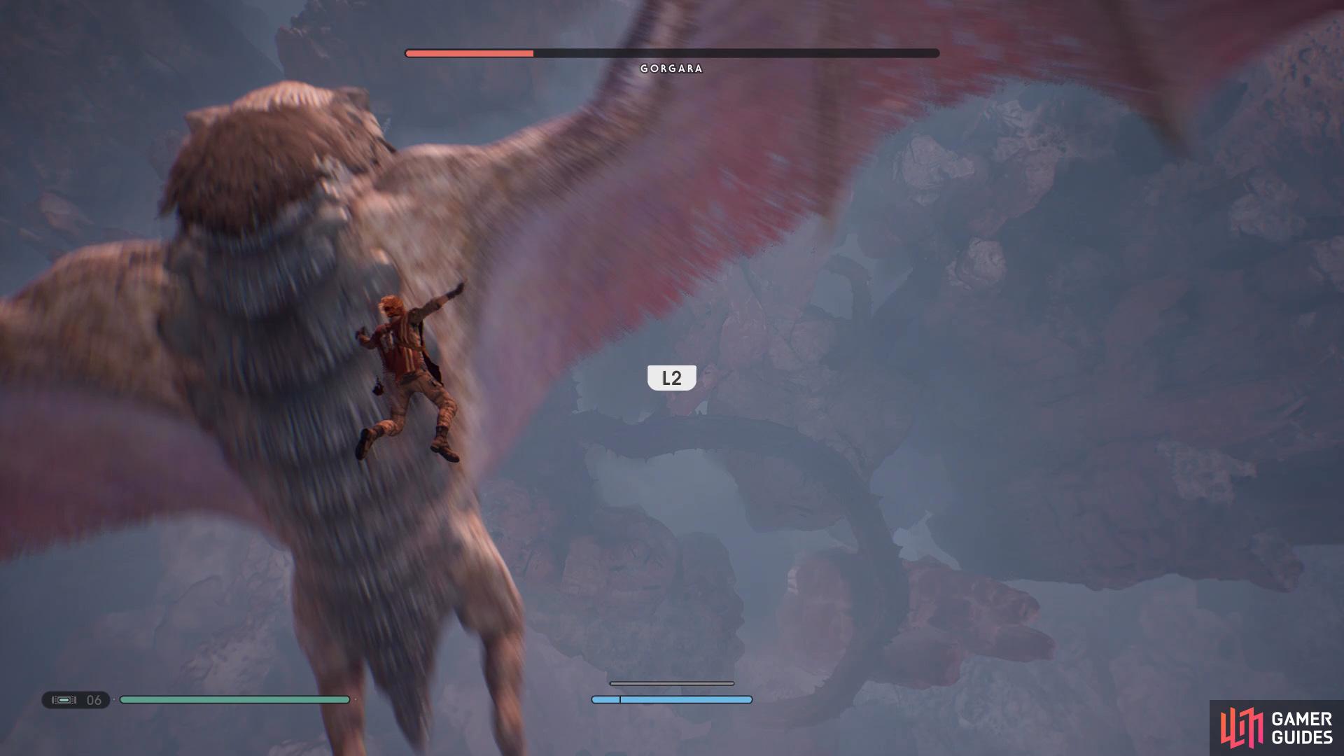Later on there will be a flying section of the fight where you'll need to fly towards him and press L2/LT.
