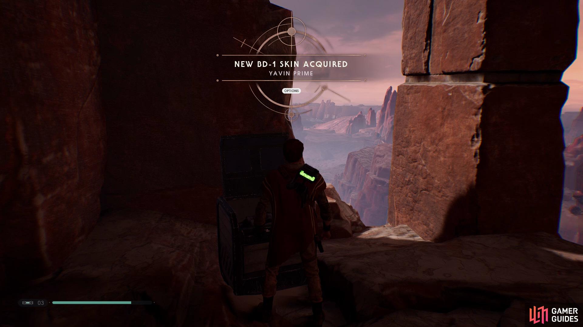 now head to the right side of the area to find a Chest with the Yavin Prime BD-1 Skin.