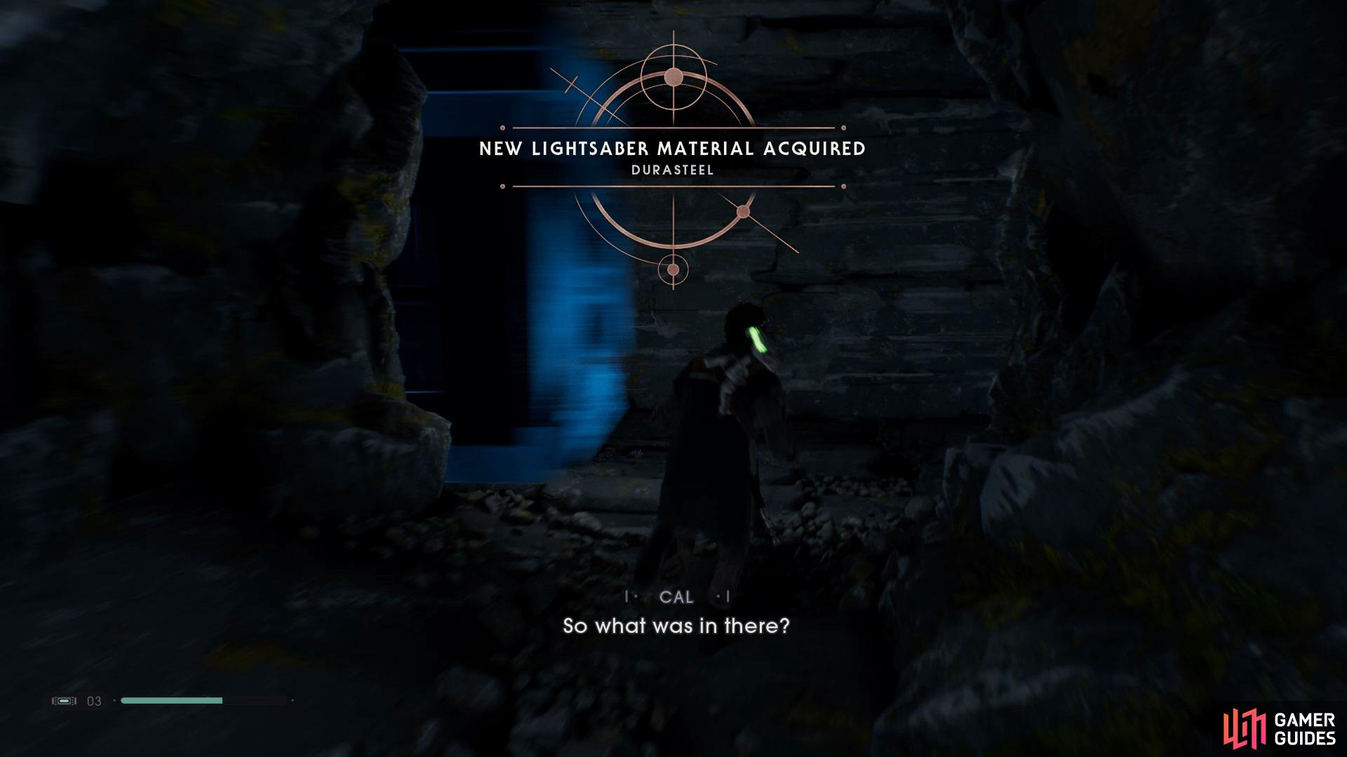 wait for the platform to go left in the cave and slow it down to find a Chest that contains the Durasteel Lightsaber Material 
