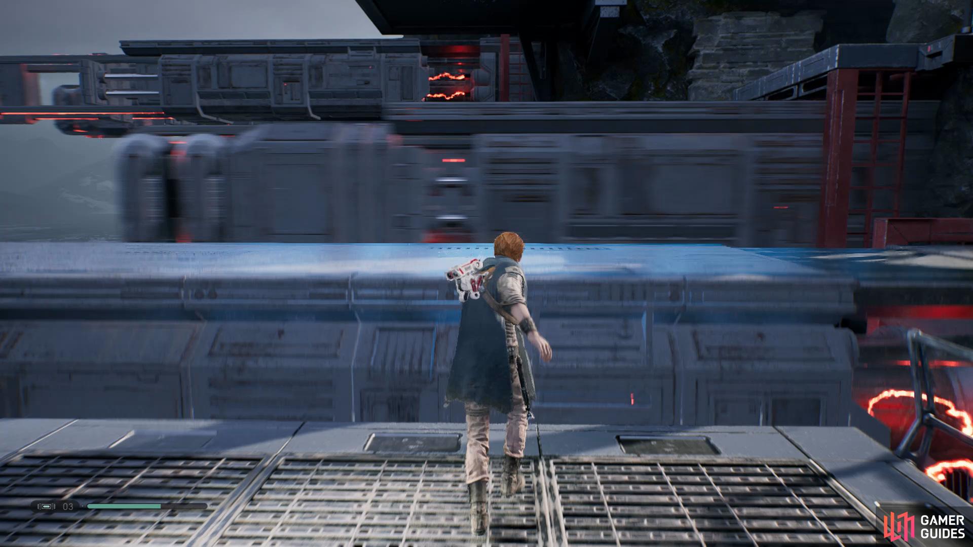 now use your Force Slow Ability to jump up the moving platforms and enter the cave on the right