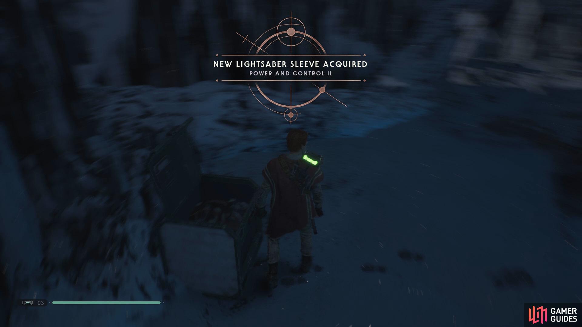 and then drop down to find a Chest that contains the Power and Control II Lightsaber Sleeve in the next room