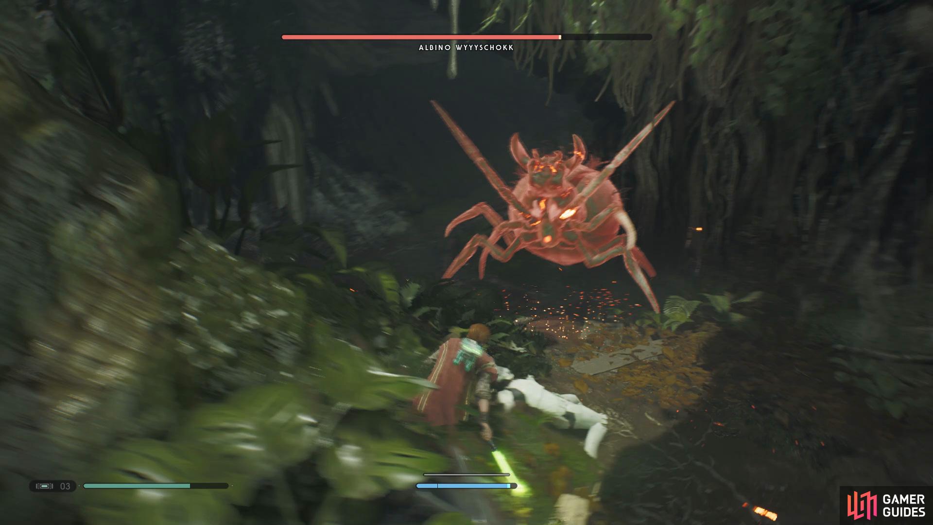 Watch out for when the Albino Wyyyschokk glows red as he'll try to grab you