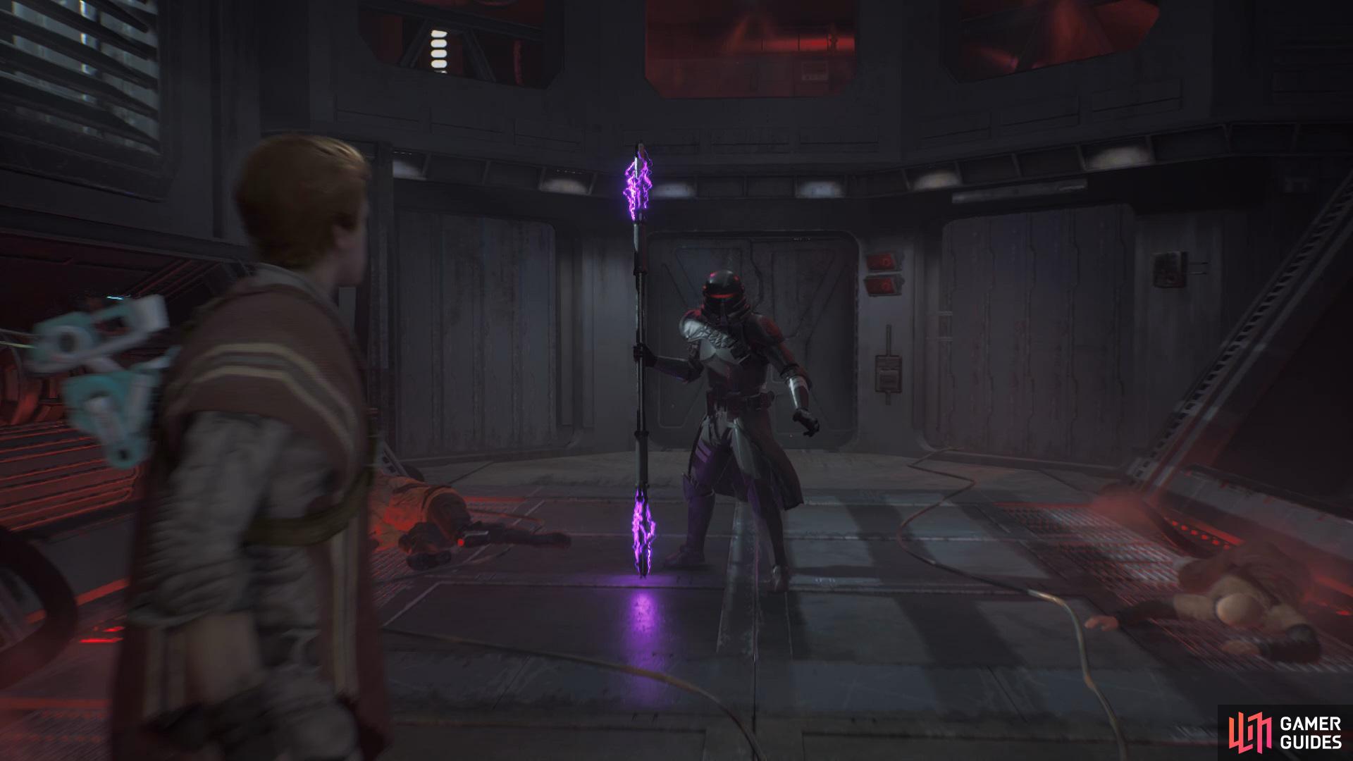 Take out the Electro Trooper by using Force Slow and parrying him