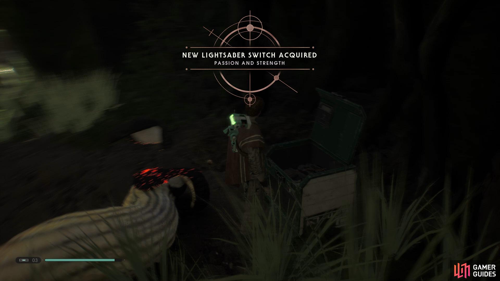 Open the path up to find a Chest that holds the Passion and Strength II Lightsaber Sleeve 