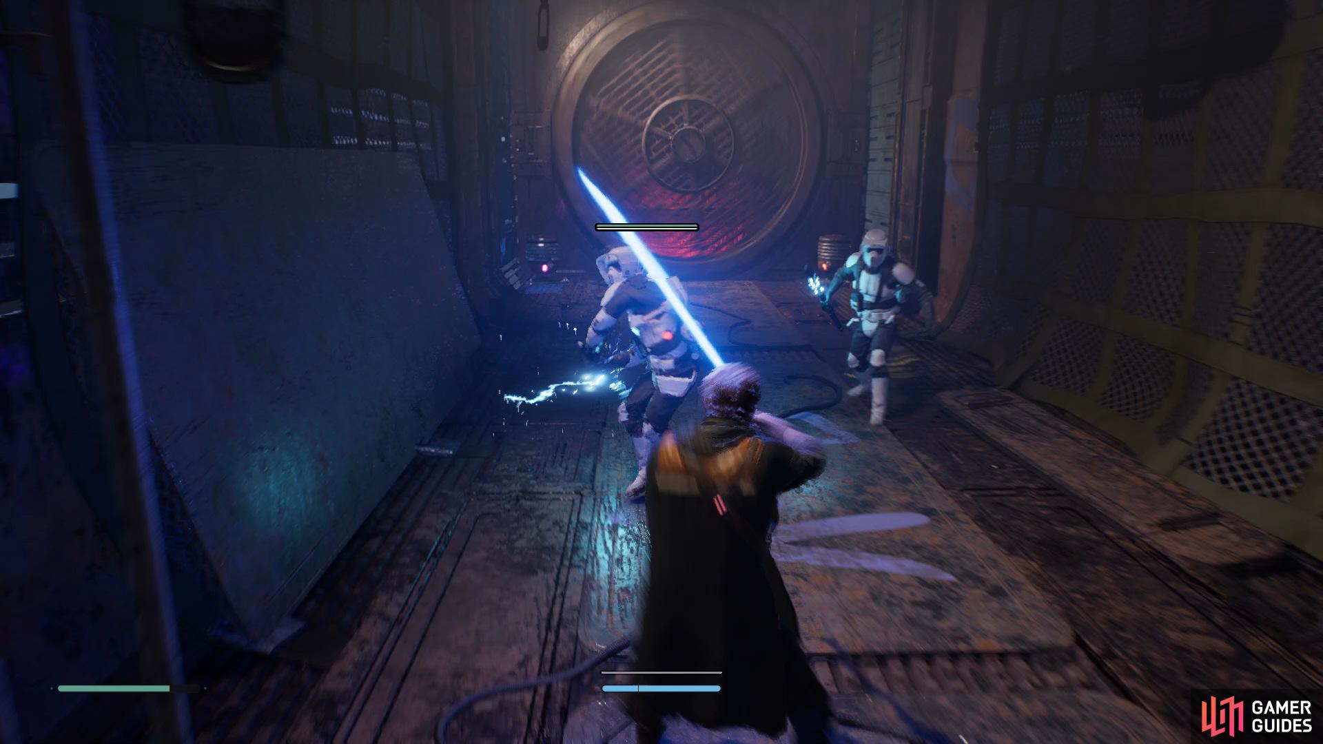take out the Stormtroopers by parrying their attacks, 