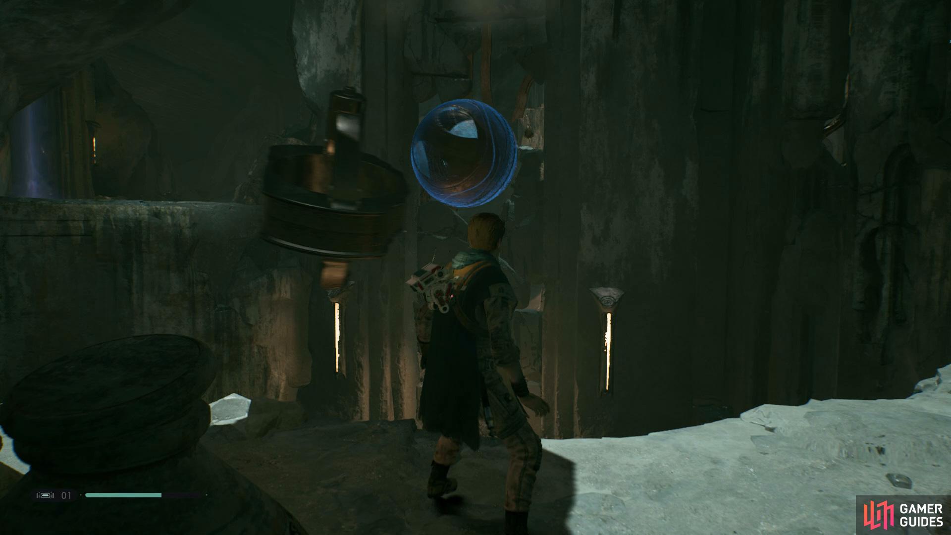 and then head through another opened door to find the third ball that you'll need push into a wall to make it fall down